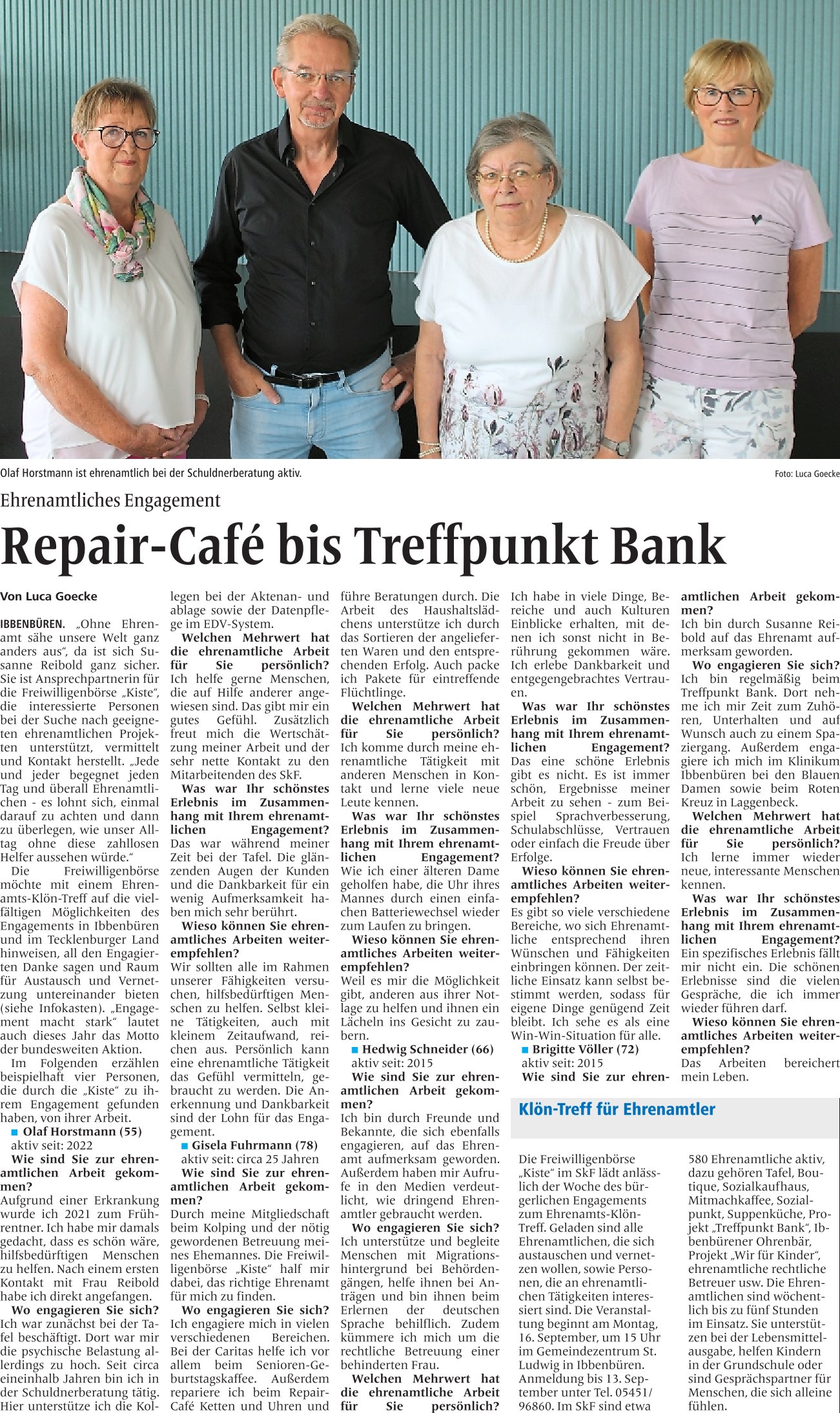 Vom Repair-Café und dem Treffpunkt Bank  Ehrenamtliches Engagement  „Jede und jeder begegnet jeden Tag und überall Ehrenamtlichen - es lohnt sich, einmal darauf zu achten und dann zu überlegen, wie unser Alltag ohne diese zahllosen Helfer aussehen würde.“ Das sagt Susanne Reibold, die zu einem Ehrenamts-Klön-Treff einlädt. Von Luca Goecke Ibbenbüren · Freitag, 06.09.2024 - 10:00 Uhr